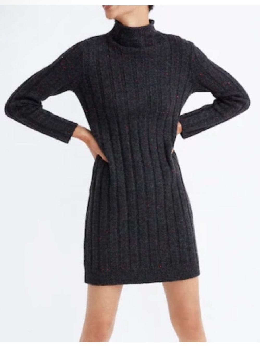 Madewell Donegal Rolled Mock Neck Ribbed Sweater Dress Coal Wool Blend Size XS